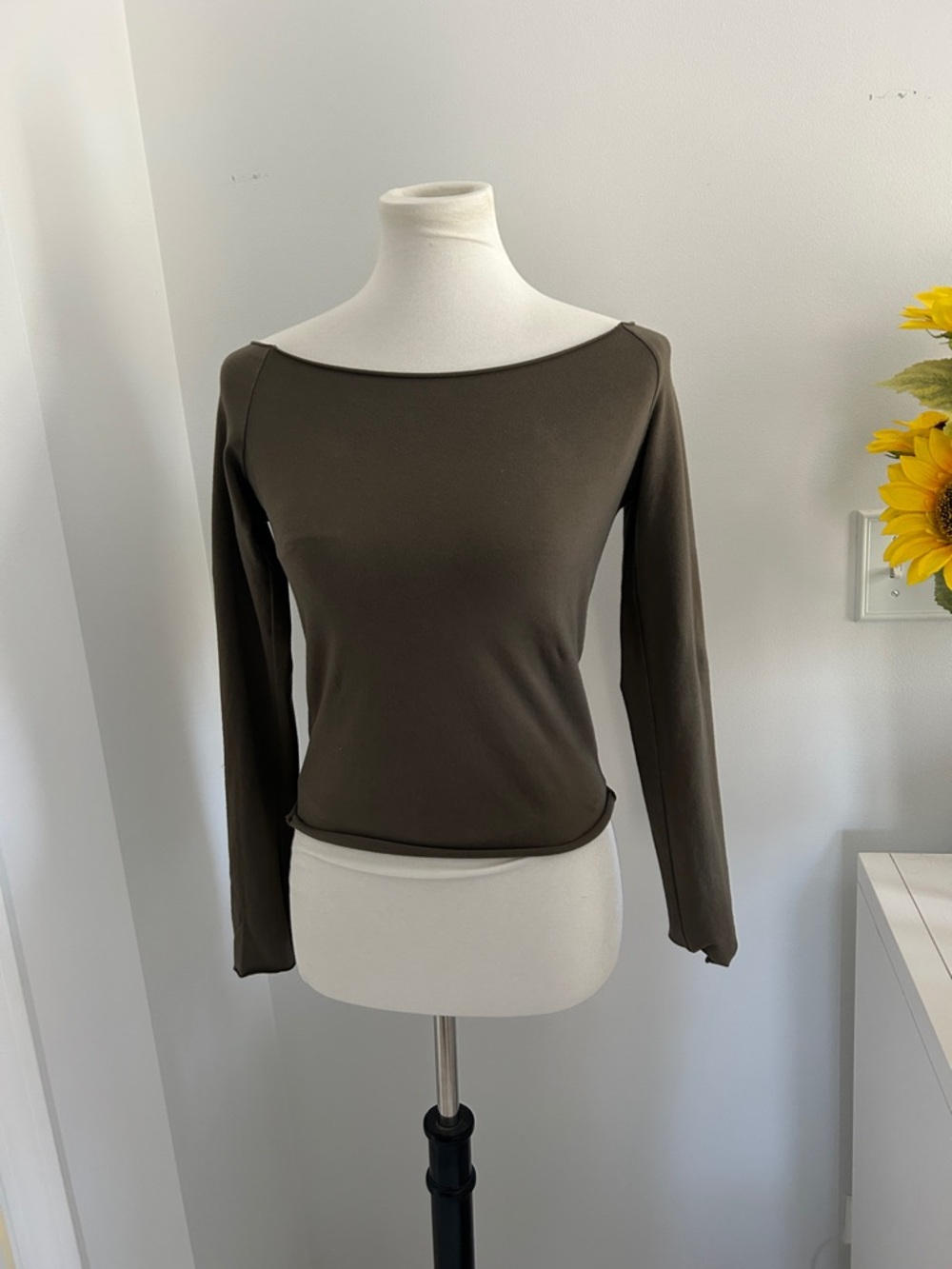 Brandy Melville Olive Long Sleeve Off the Shoulder Top